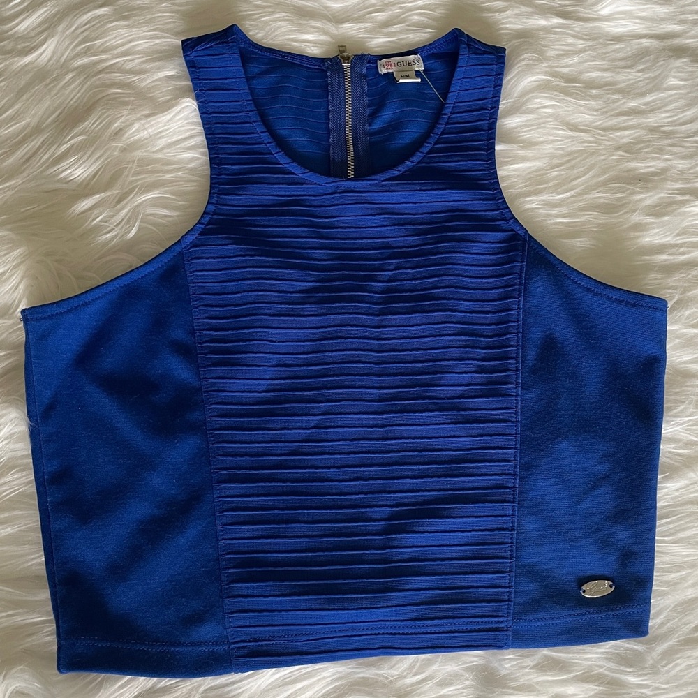 Guess Blue Detailed Bodycon Zip Up Sleeveless Crop Top